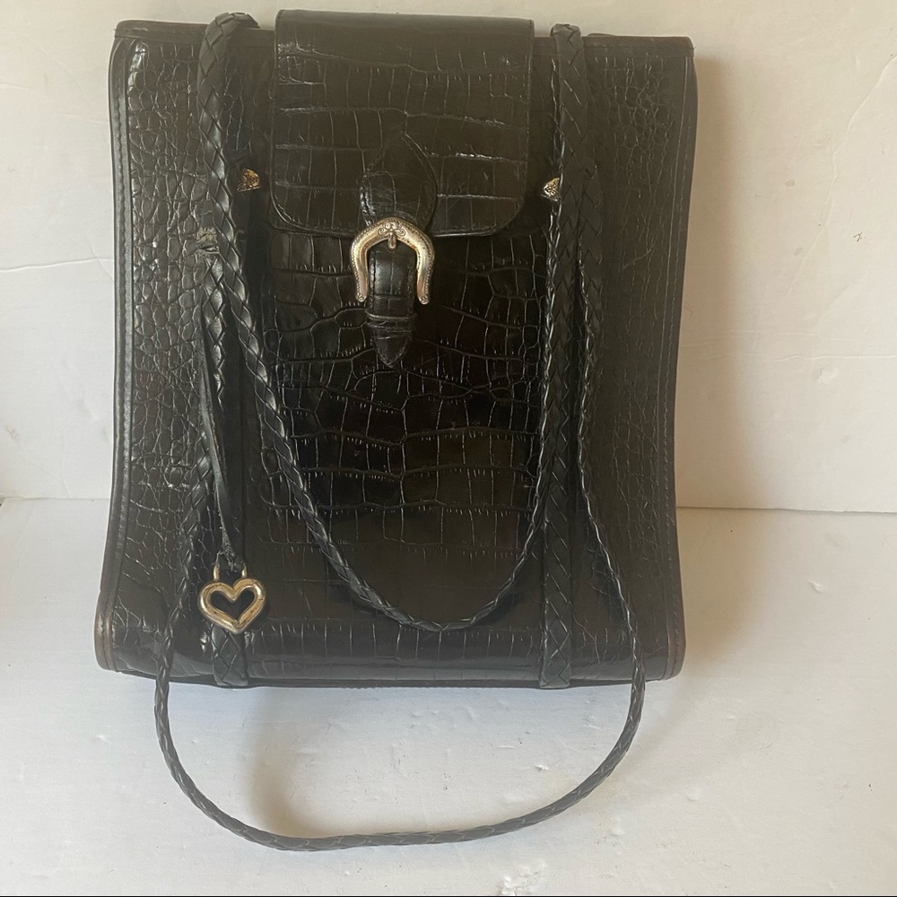 Vintage Brighton Black Patent Croc Print Handbag Purse Bag Tall Braided Straps